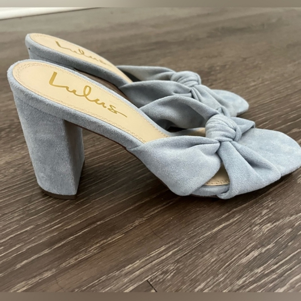 Lulu's Pale Blue Knotted Suede Block Heel Mules